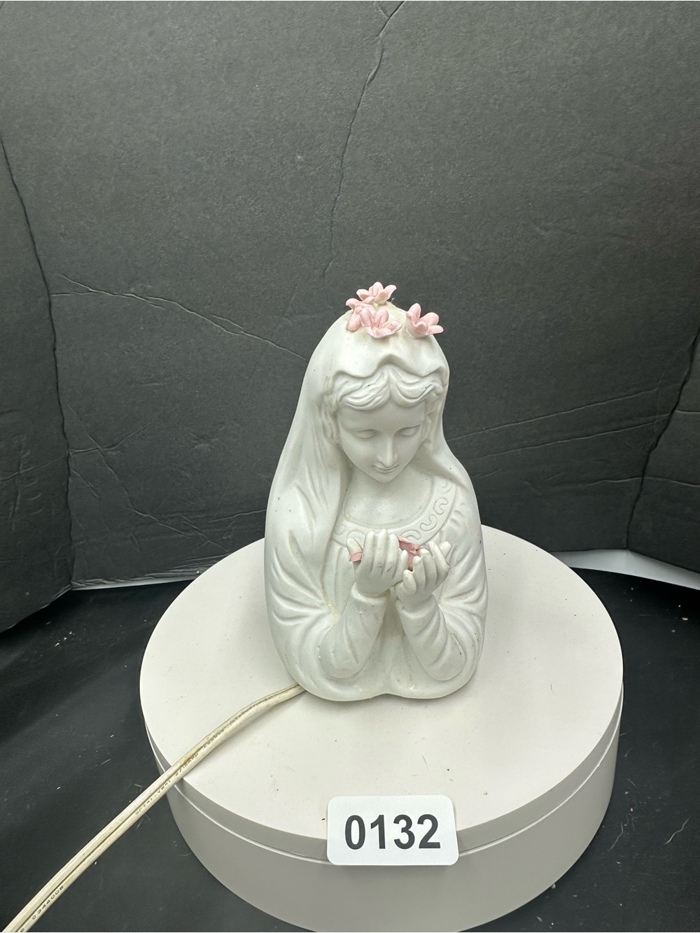 White Ceramic Virgin Mary Figurine with Pink Flower Accents